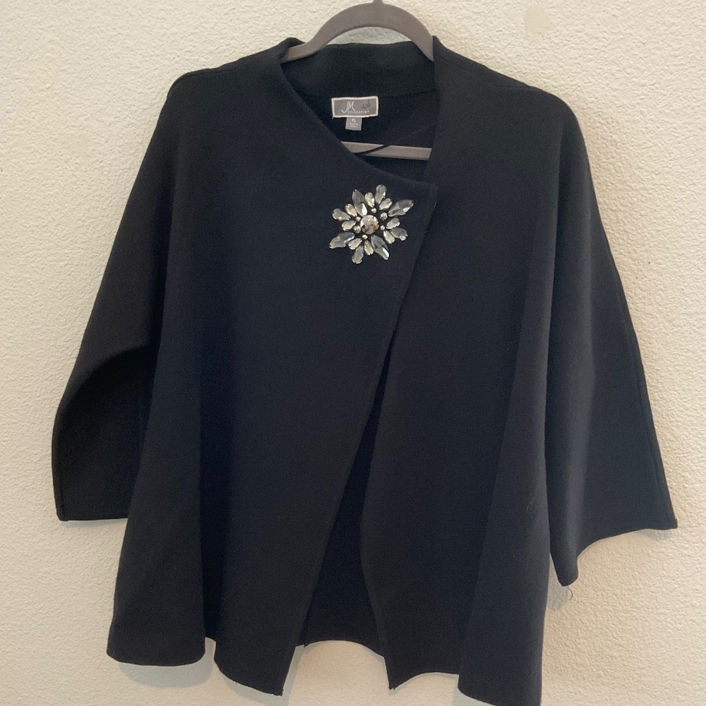 Black Sweater Shawl With Jeweled Closure. Size XL Comfy and Warm